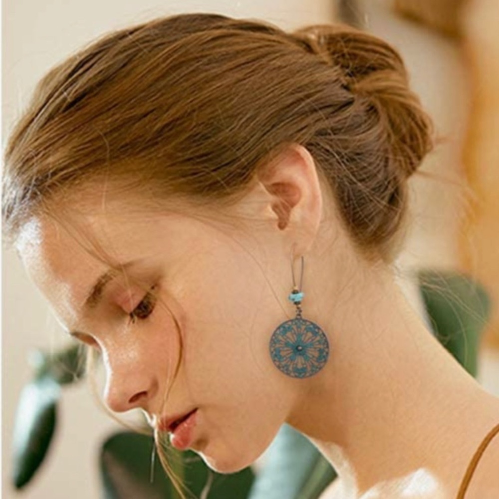 BOGO Large Patina Scrolling Pendant Dangling Boho Earrings Turquoise Wood Beads
